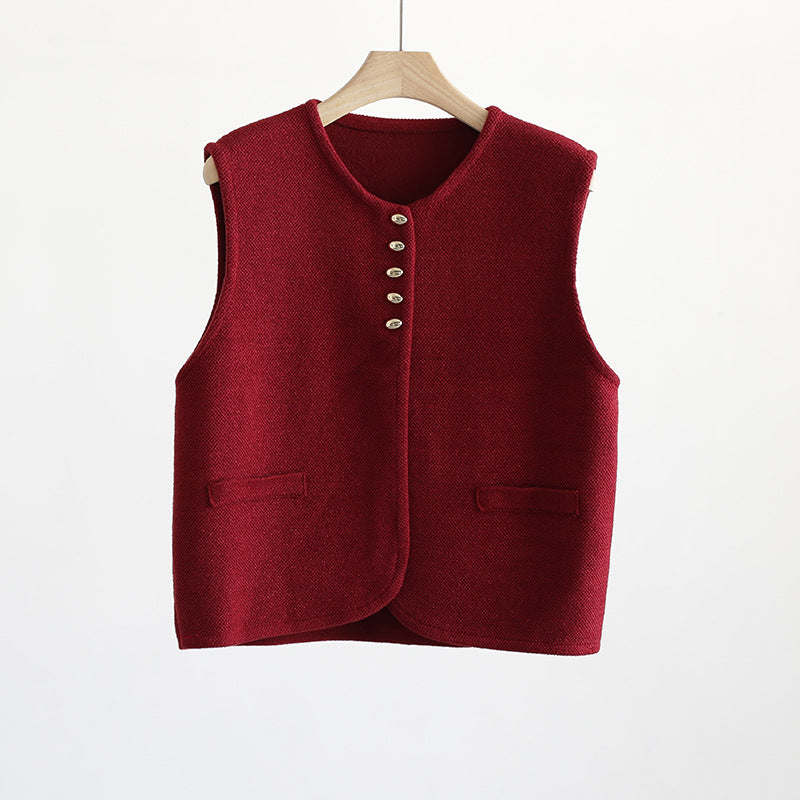 Old Money Style Round Neck Golden Bean Buckle Knitted Vest - L’Heure Marquée 