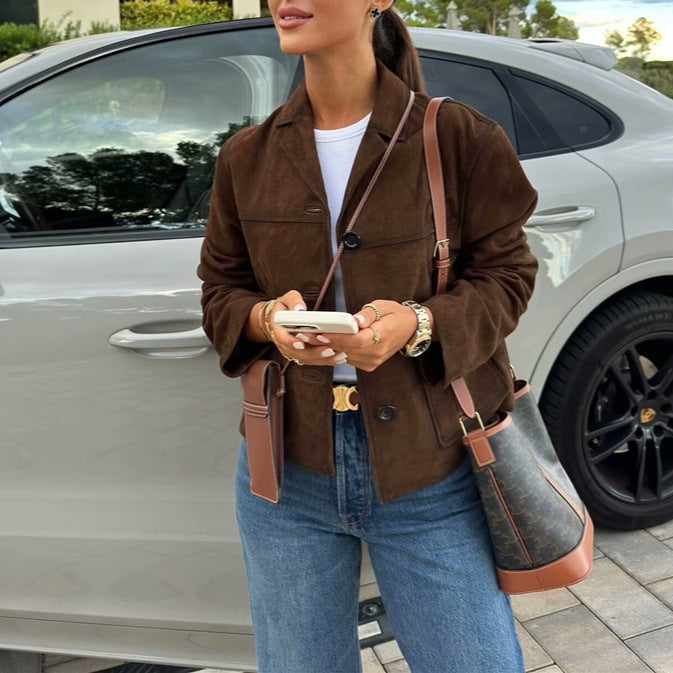 Women Retro Old Money Style Suede Short Jacket - L’Heure Marquée 