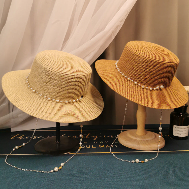 French Retro Pearl Chain Flat Straw Elegant Hat - L’Heure Marquée 