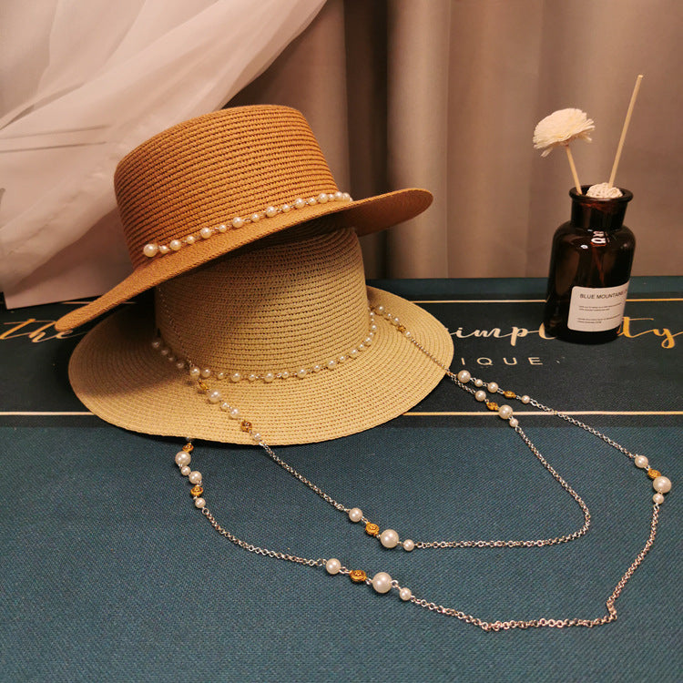French Retro Pearl Chain Flat Straw Elegant Hat - L’Heure Marquée 