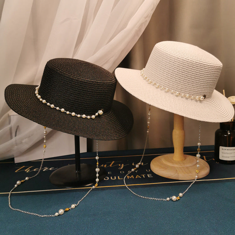 French Retro Pearl Chain Flat Straw Elegant Hat - L’Heure Marquée 