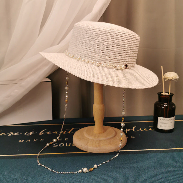 French Retro Pearl Chain Flat Straw Elegant Hat - L’Heure Marquée 