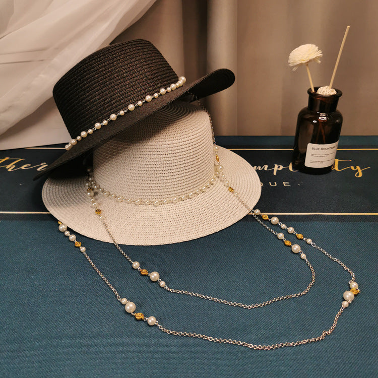 French Retro Pearl Chain Flat Straw Elegant Hat - L’Heure Marquée 