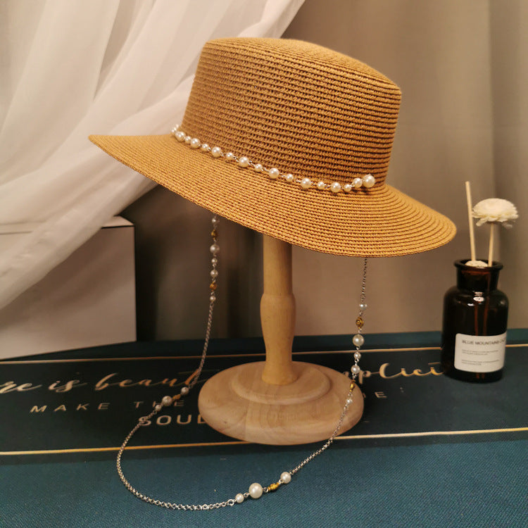 French Retro Pearl Chain Flat Straw Elegant Hat - L’Heure Marquée 
