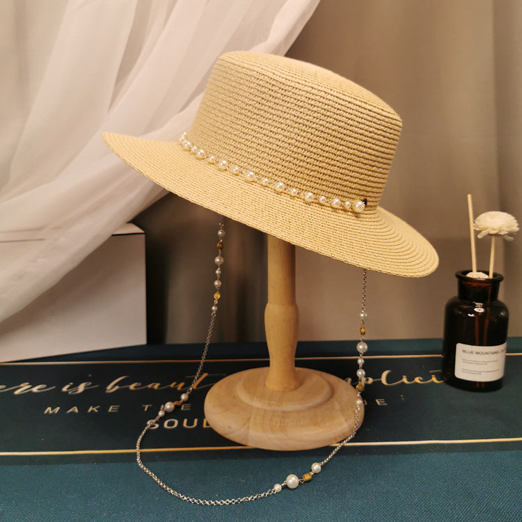 French Retro Pearl Chain Flat Straw Elegant Hat - L’Heure Marquée 