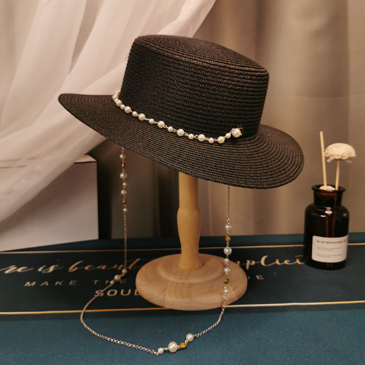 French Retro Pearl Chain Flat Straw Elegant Hat - L’Heure Marquée 