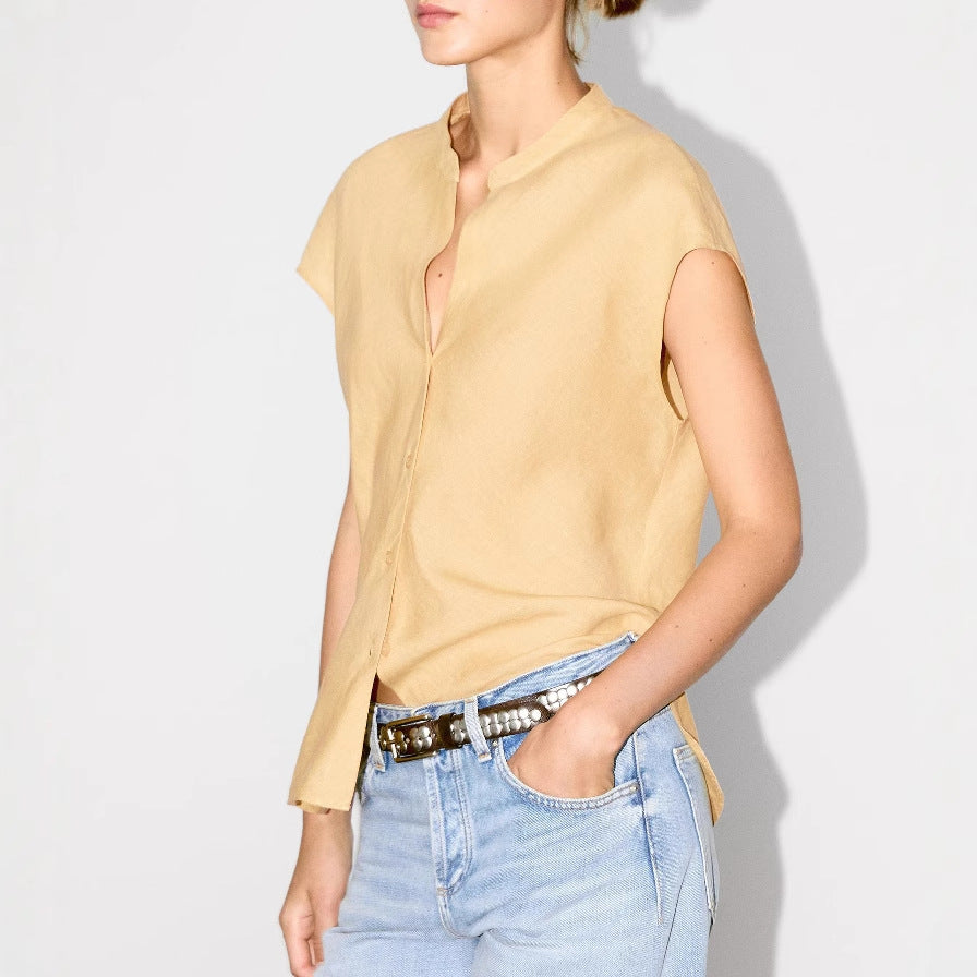 Minimalist Old Money Style Pure Linen V-neck Sleeveless Shirt - L’Heure Marquée 