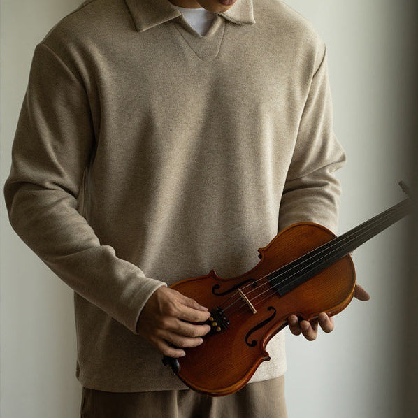 Old Money Style Woolen Sweater With Shoulder Sleeves And Small V-neck Polo Shirt - L’Heure Marquée 