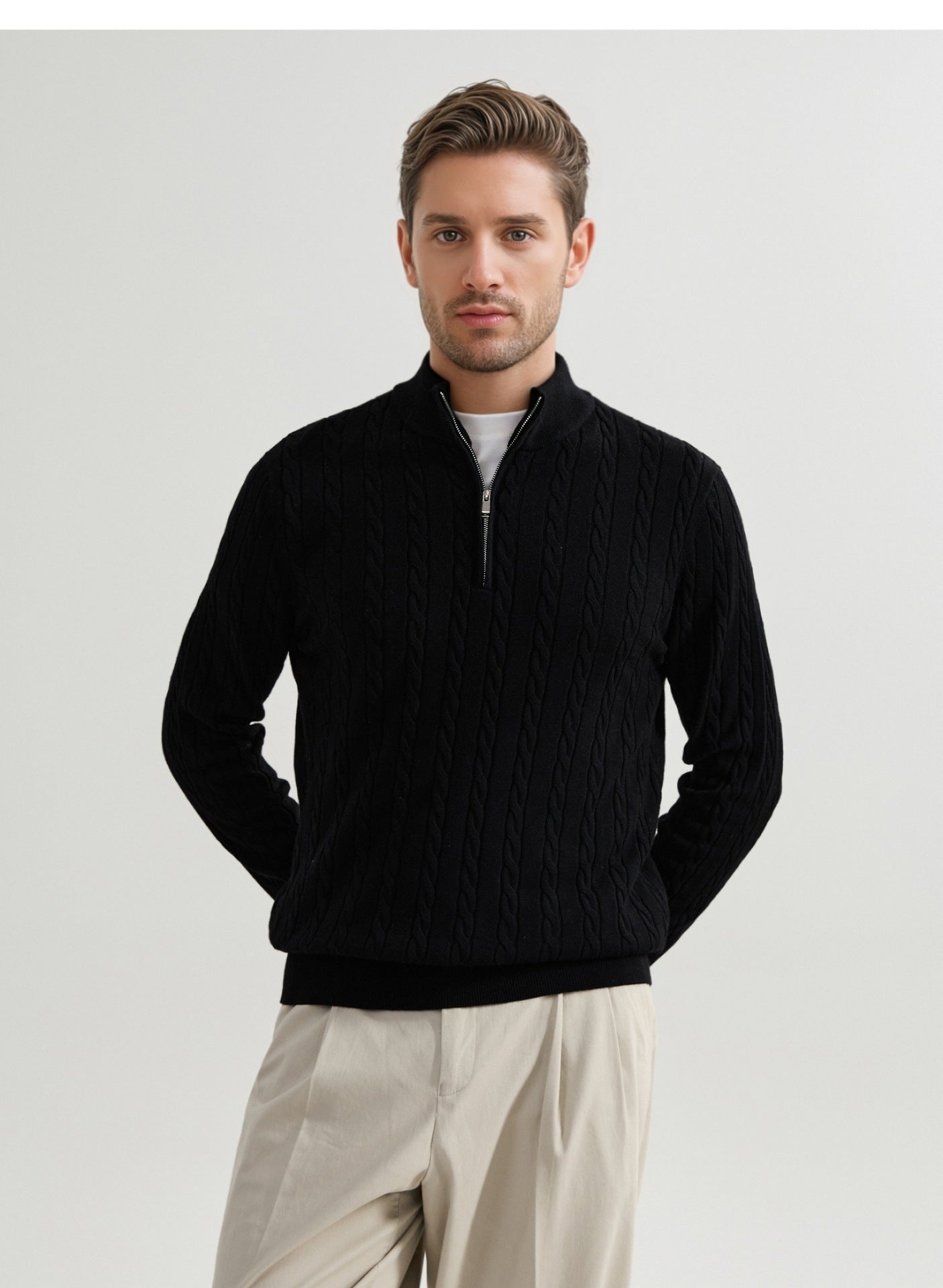 Old Money Style Stand Collar Twisted Men's Casual Zipper Sweater - L’Heure Marquée 