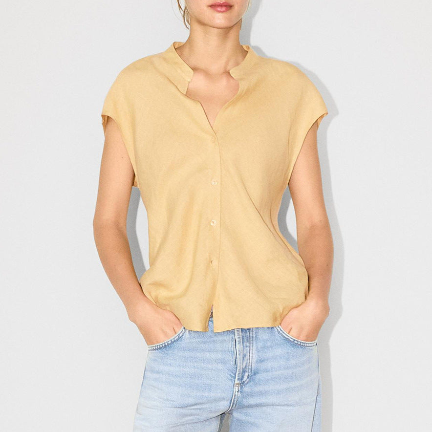 Minimalist Old Money Style Pure Linen V-neck Sleeveless Shirt - L’Heure Marquée 