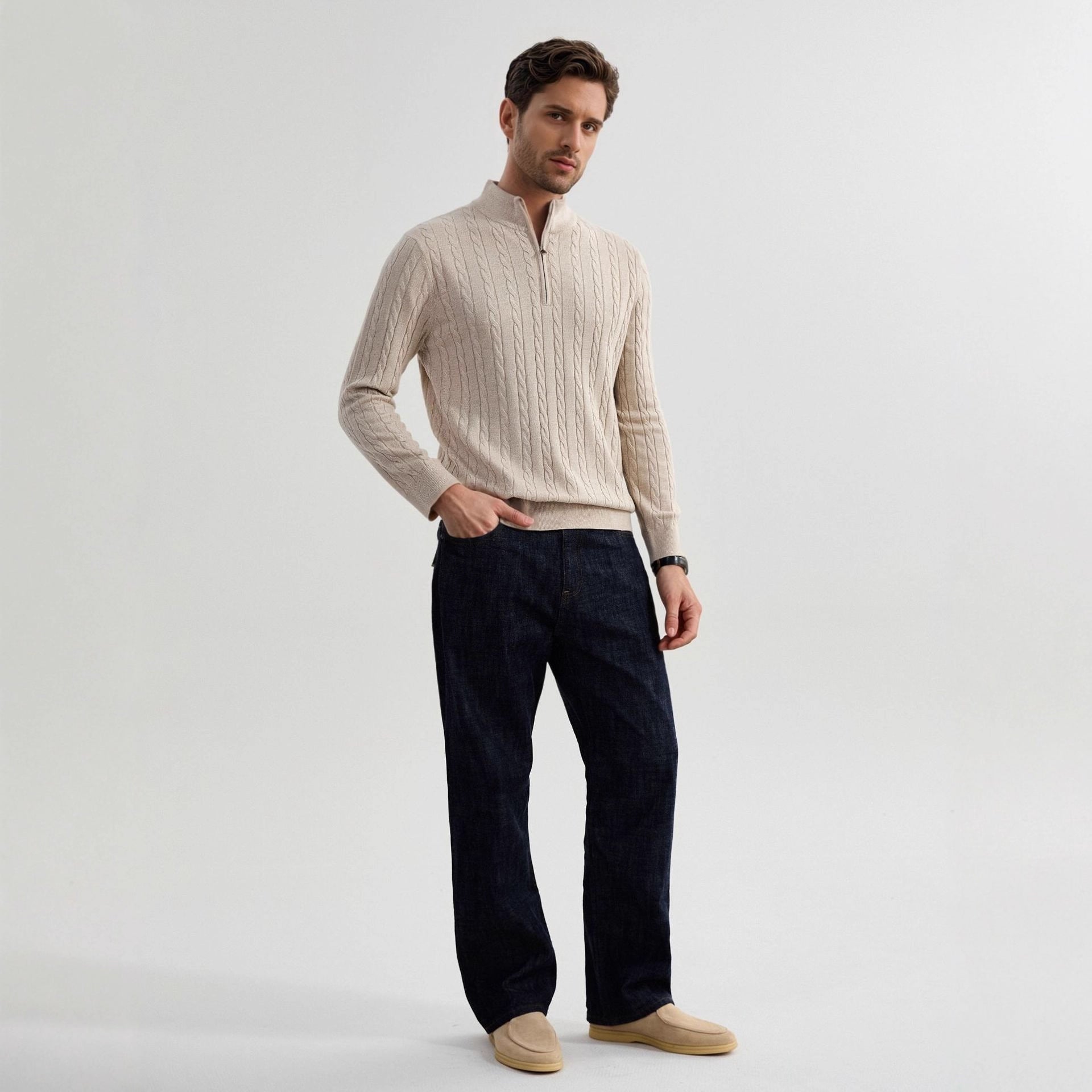 Old Money Style Stand Collar Twisted Men's Casual Zipper Sweater - L’Heure Marquée 