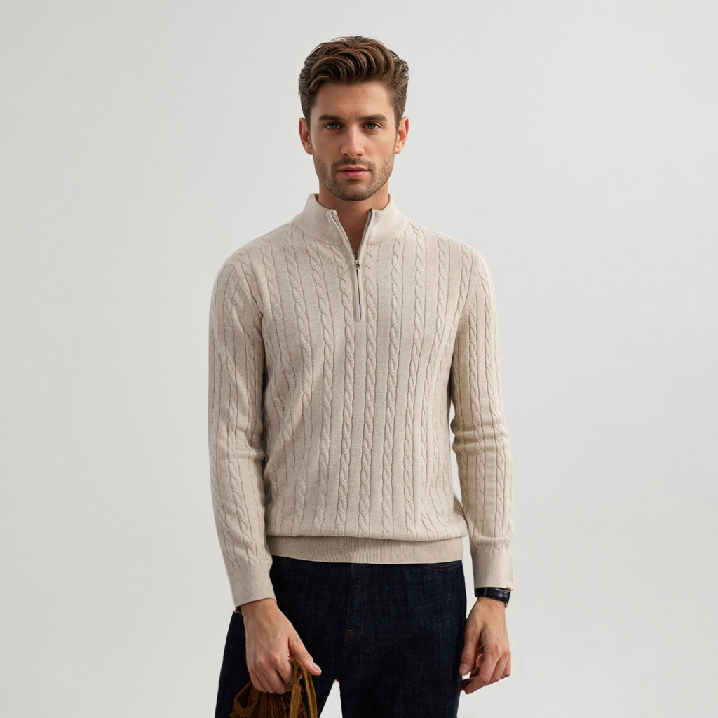 Old Money Style Stand Collar Twisted Men's Casual Zipper Sweater - L’Heure Marquée 