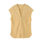 Minimalist Old Money Style Pure Linen V-neck Sleeveless Shirt - L’Heure Marquée 