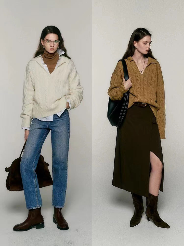 Old Money Style Pure Wool Polo Collar Sweater - L’Heure Marquée 