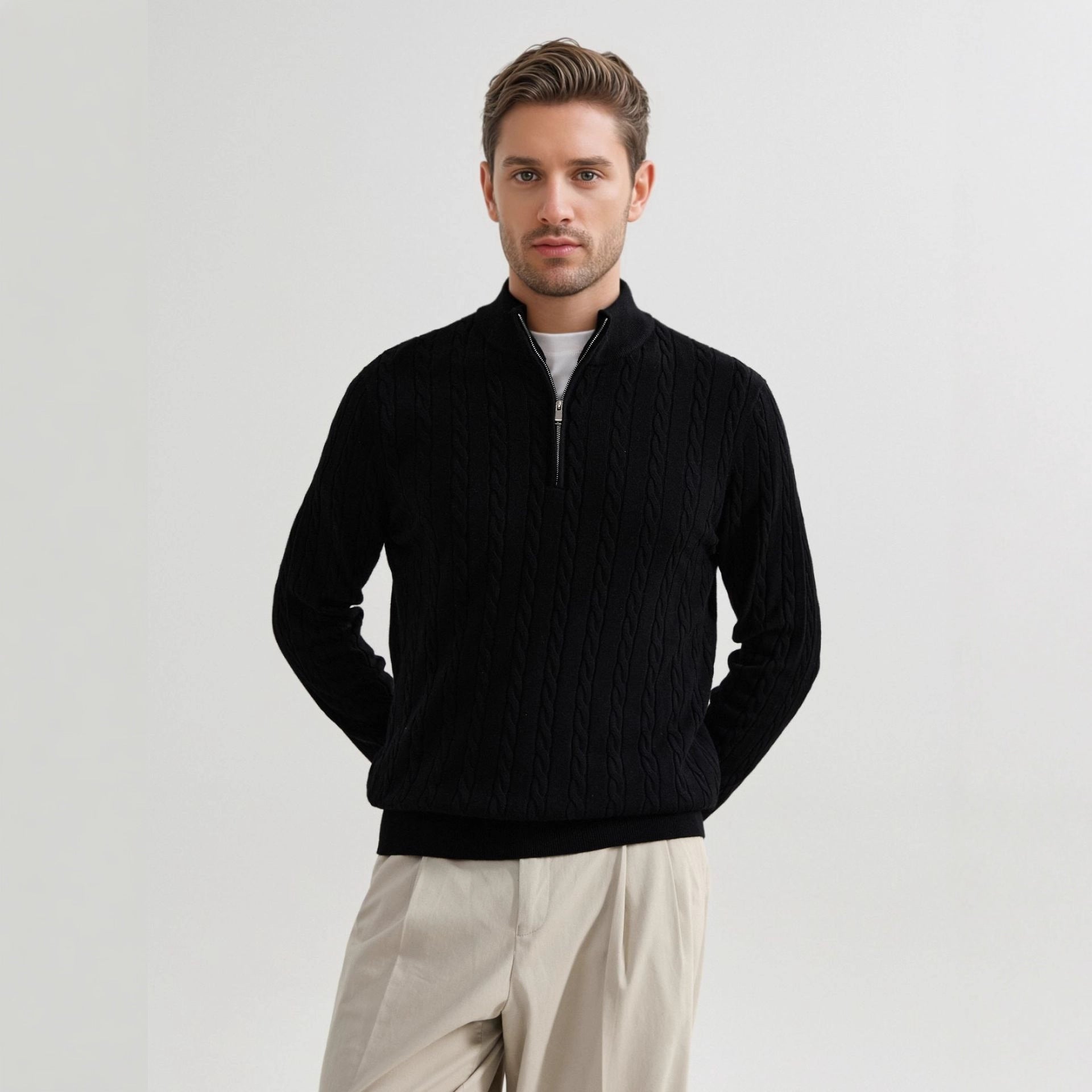 Old Money Style Stand Collar Twisted Men's Casual Zipper Sweater - L’Heure Marquée 