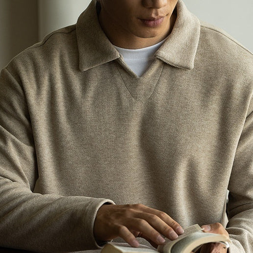 Old Money Style Woolen Sweater With Shoulder Sleeves And Small V-neck Polo Shirt - L’Heure Marquée 